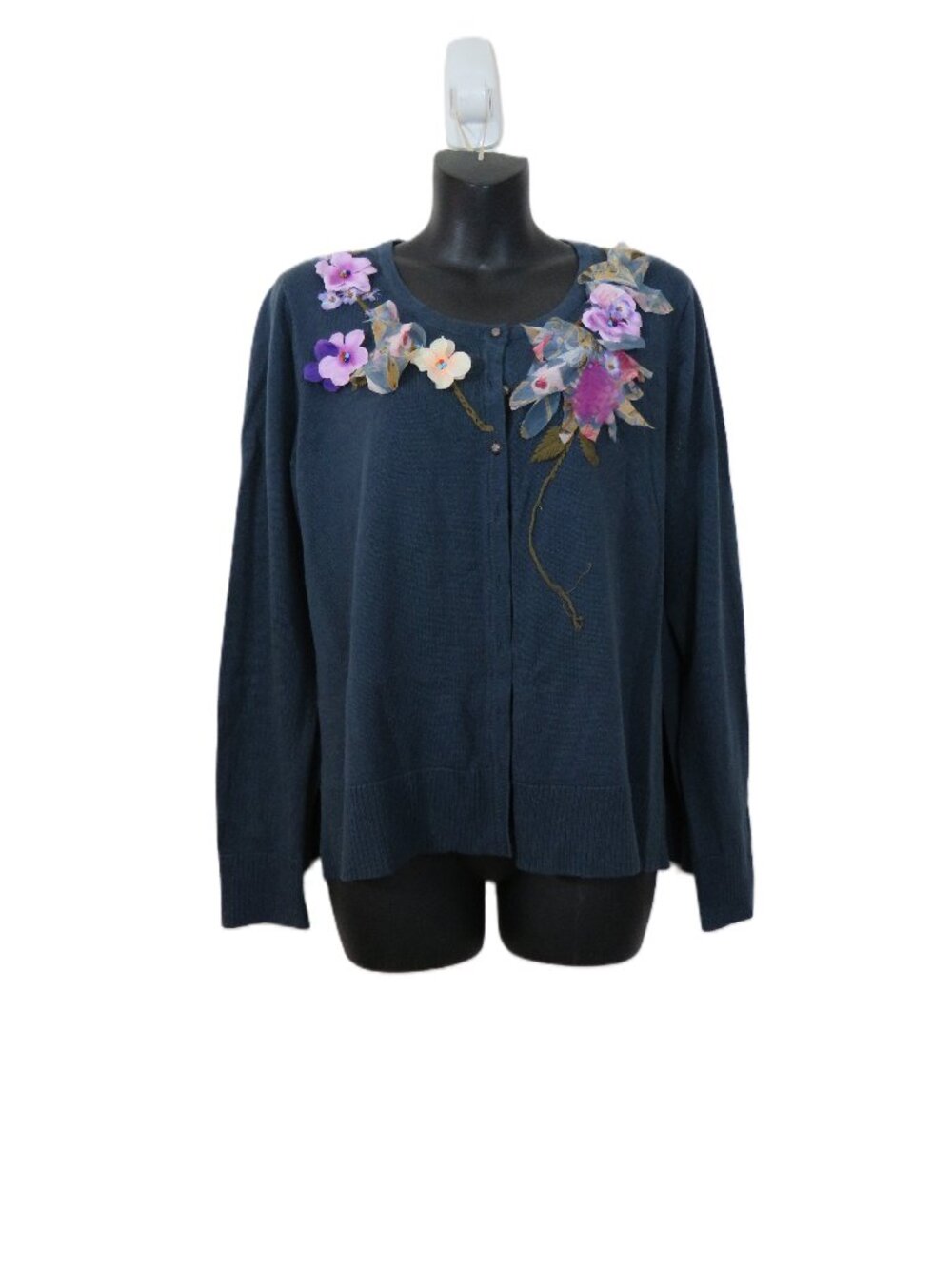 Aratta Silent Journey Size Small Cardigan Sweater Floral Appliques Blue Crop Art